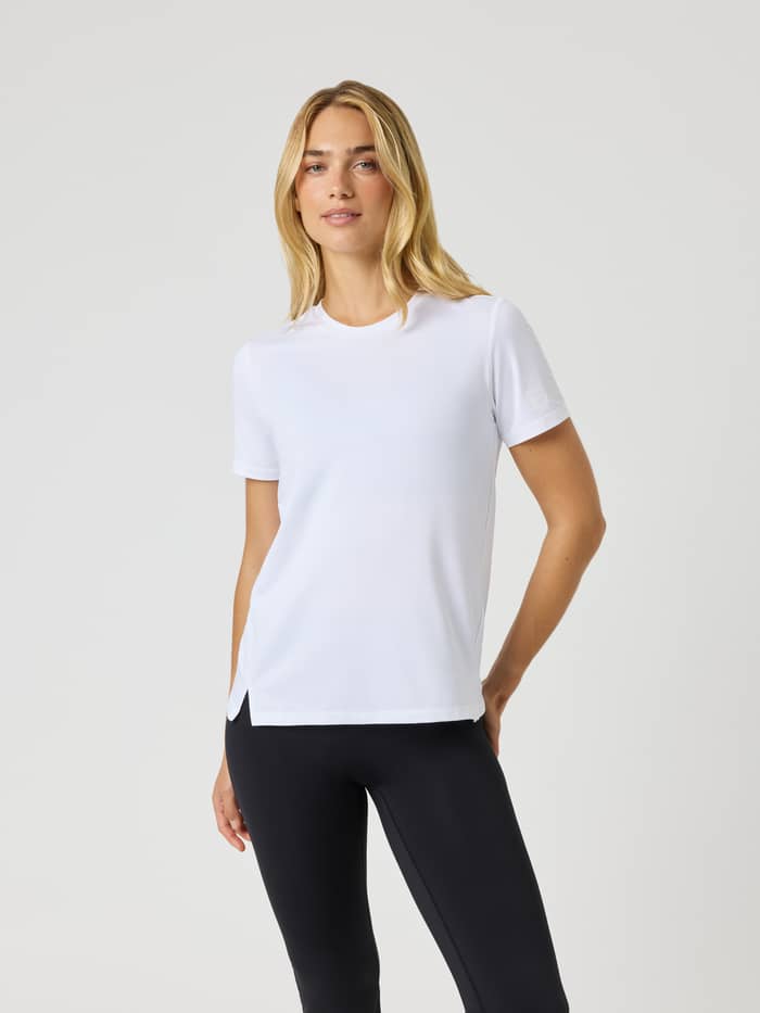 Front view of the Borg T-Shirt in Brilliant White (White), a premium training and tennis top with white sleeve logos.