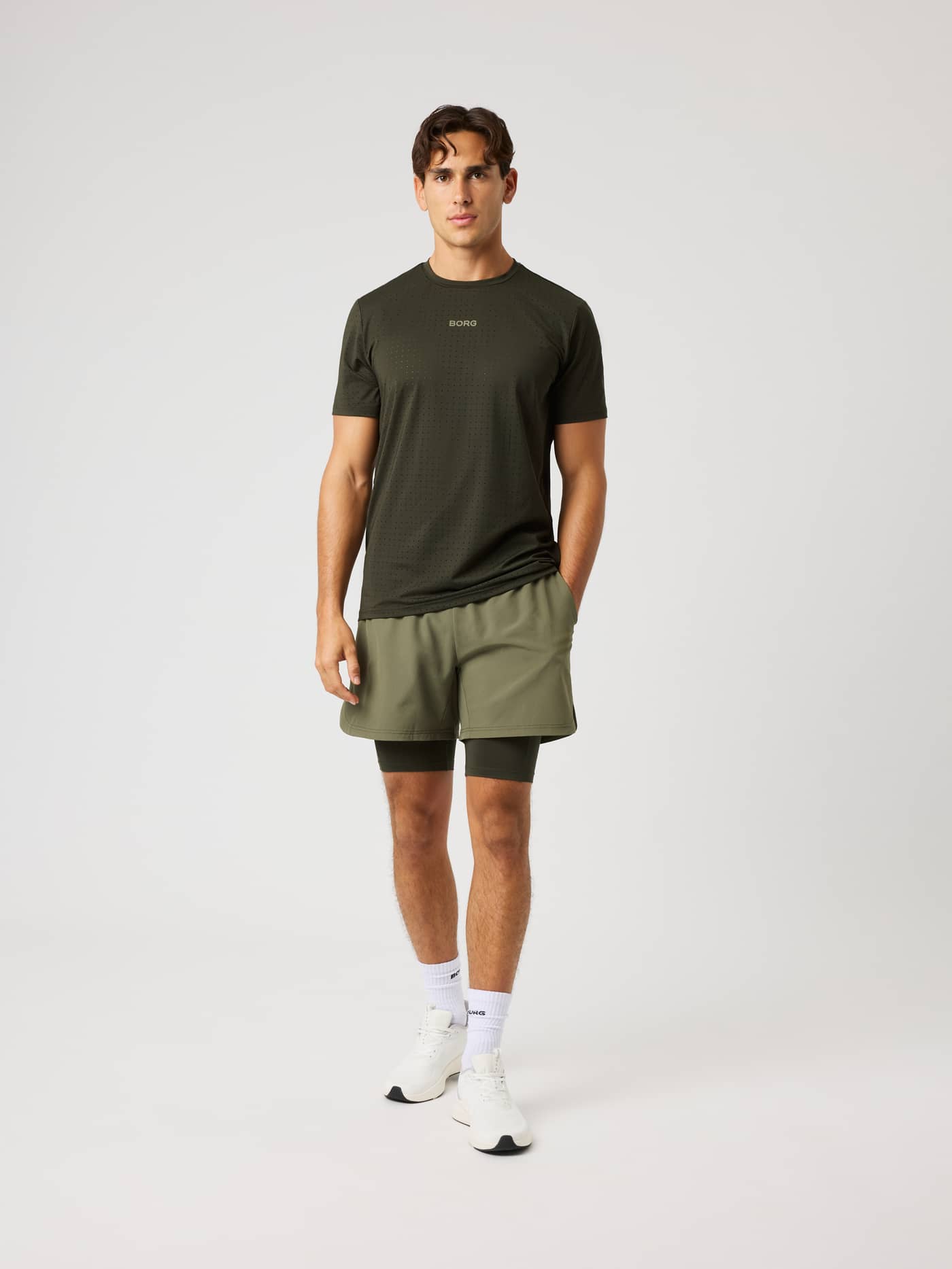 Borg 2 In 1 Shorts in Kalamata (Green) with a light logo, shown in a full-body front view for technical training. - Image 3