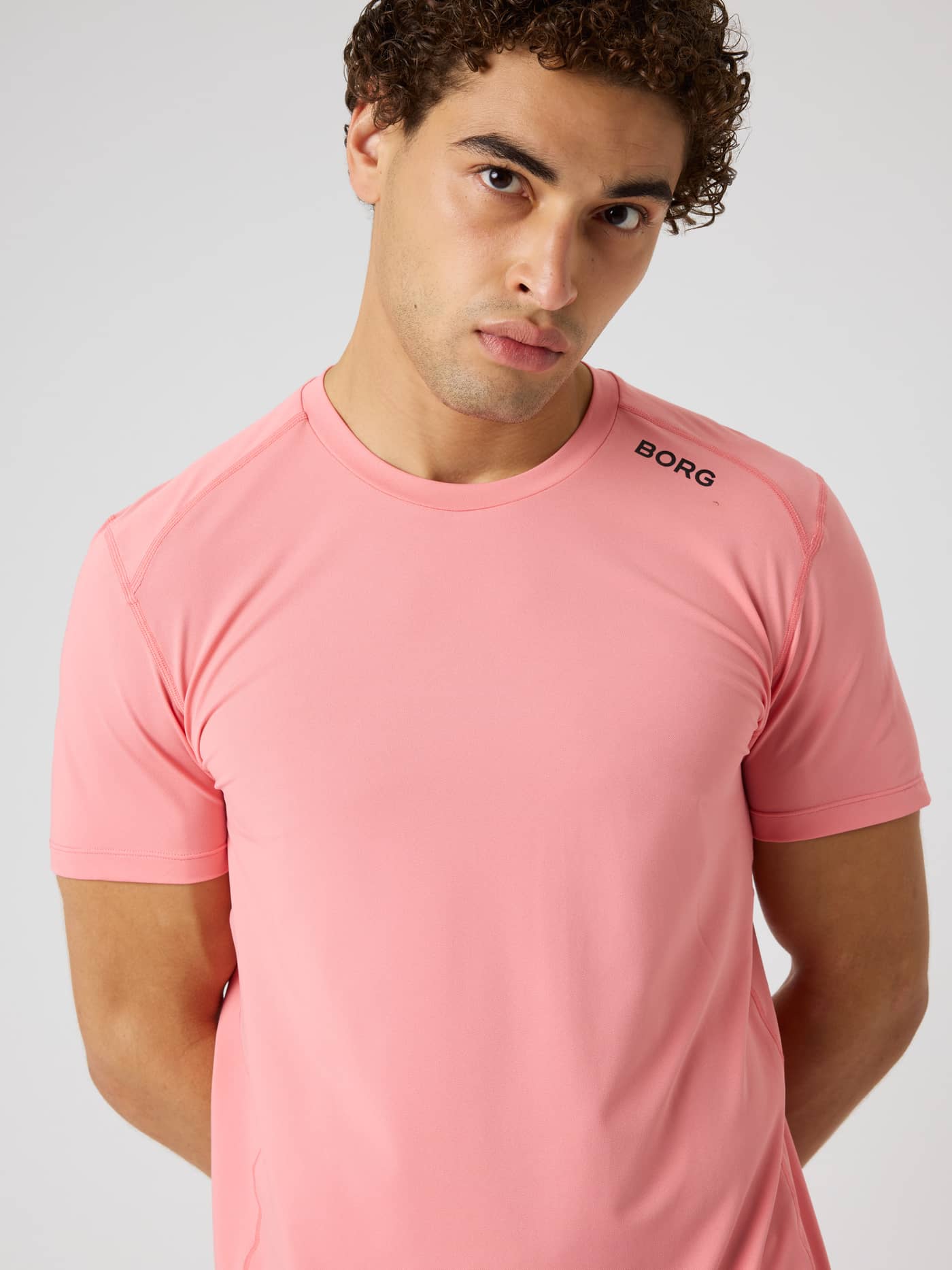 Men's Borg Athletic T-Shirt in Strawberry Ice (Pink) for training, featuring a regular fit and a black logo on the shoulder. - Image 5