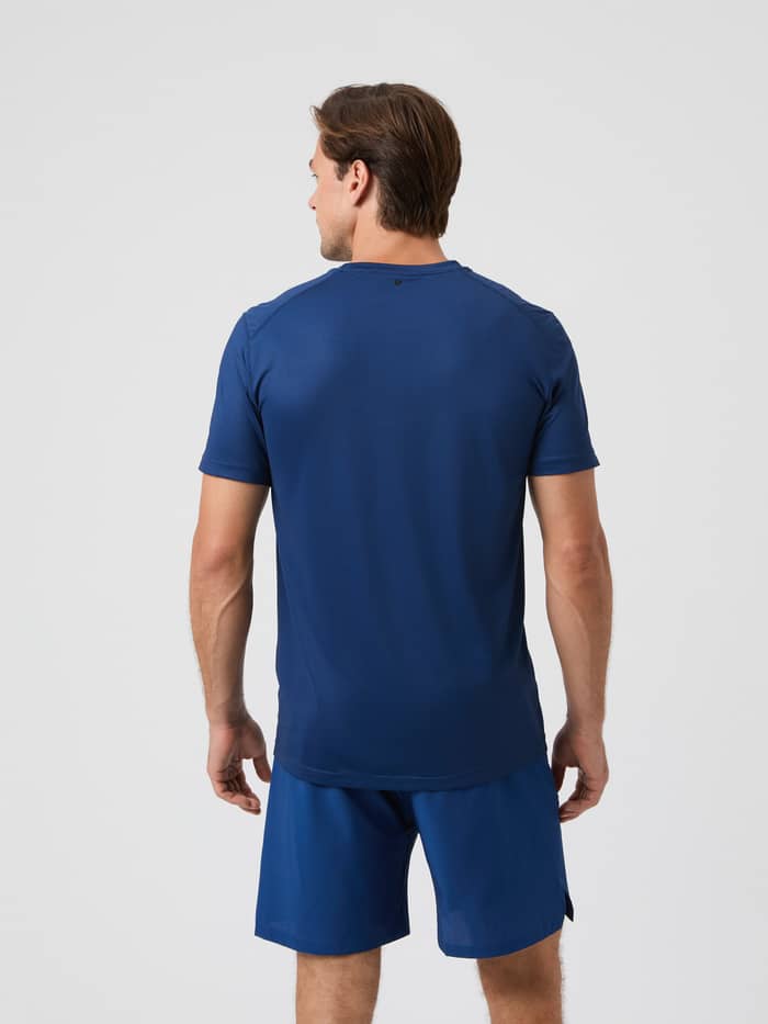 Back view of the Borg Athletic T-Shirt in Estate Blue on a model. - Image 2