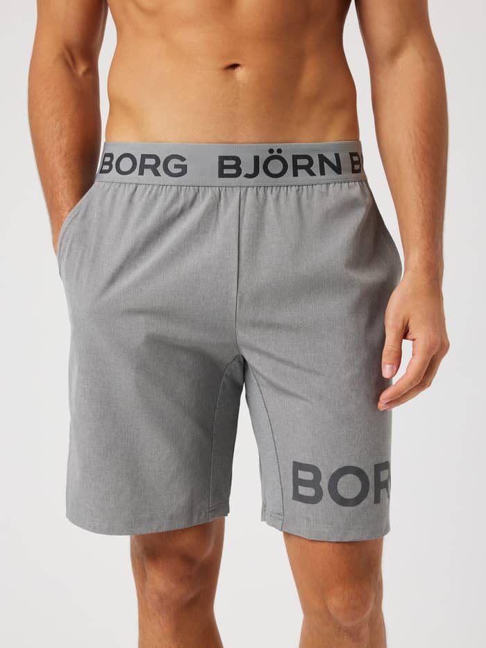 Borg Shorts 9 Inch in grey melange (grey) for training, featuring side pockets and an elastic logo waistband.