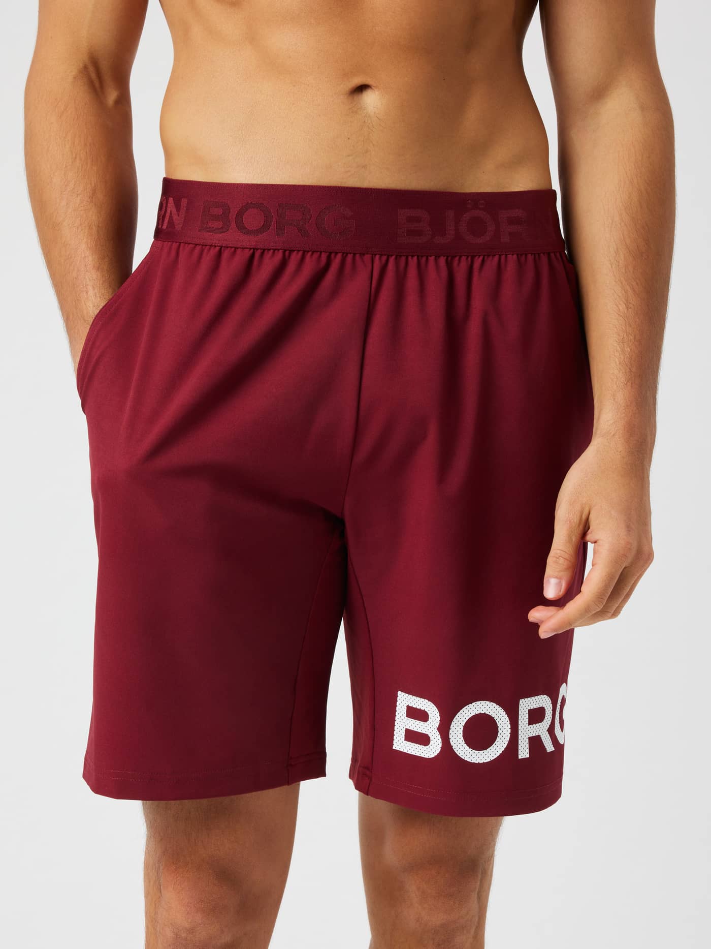 Borg Shorts 9 Inch in Cabernet (Red) with an elastic logo waistband and a white perforated logo for training. - Image 1