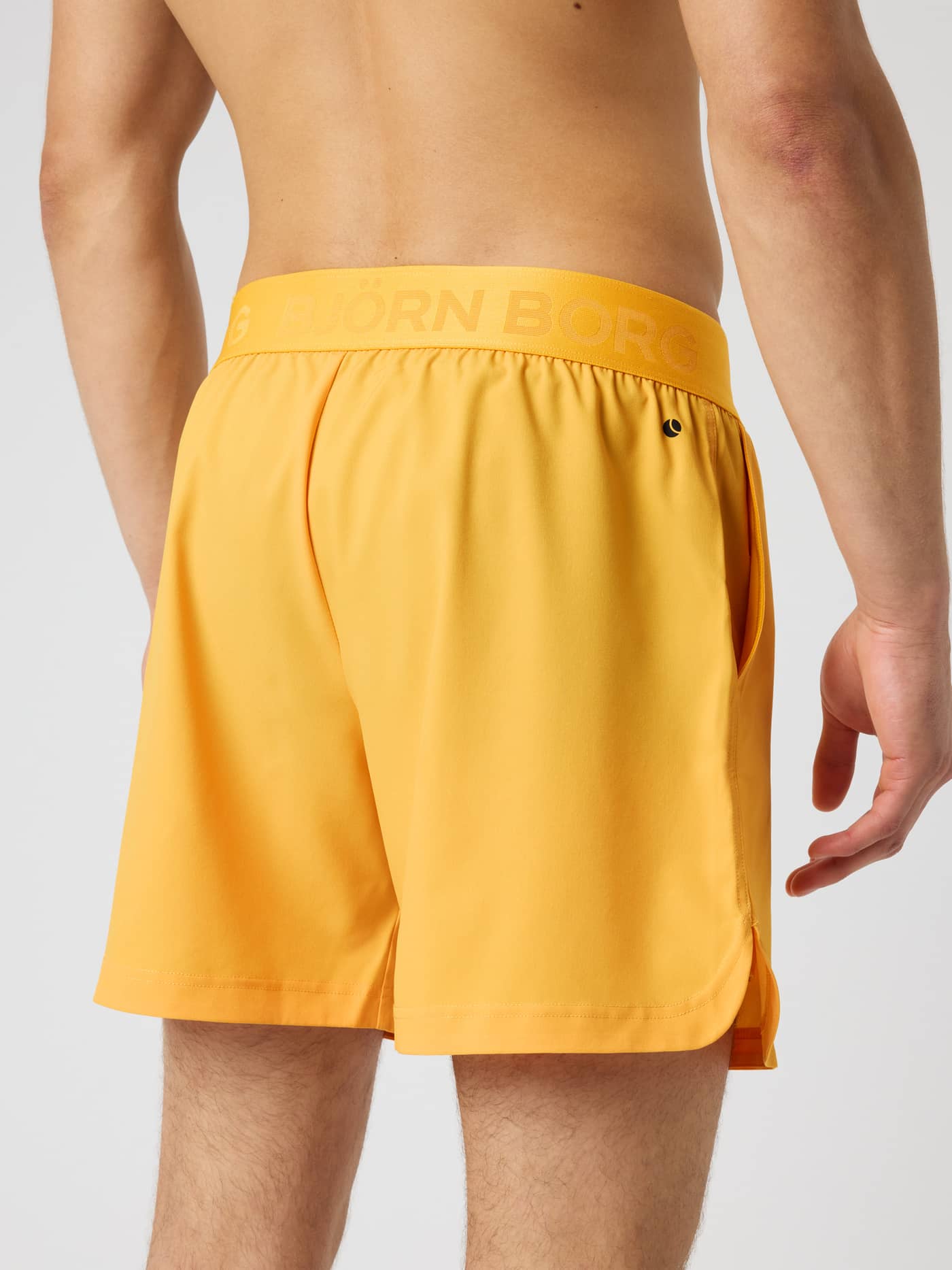 Back view of the Borg Shorts 6 Inch in Citrus (Orange) with a branded waistband and black tennis ball logo for training. - Image 2