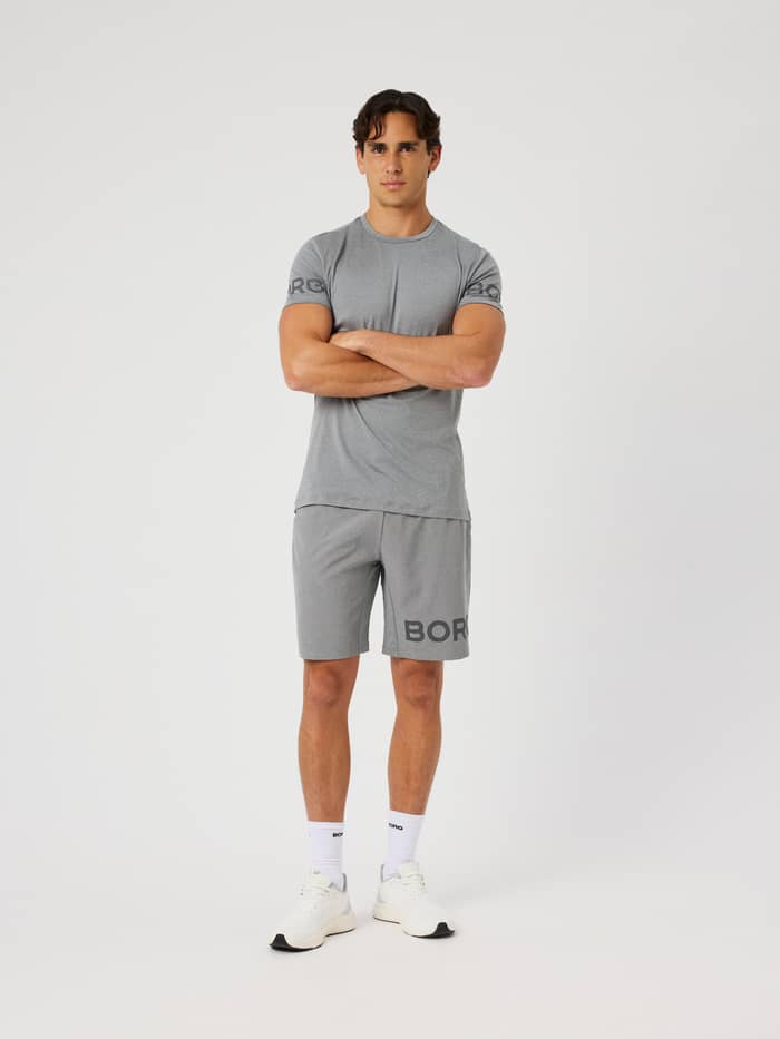 Male model wearing the Borg T-Shirt in grey melange (Grey) with the iconic Borg logo on the arms for training.