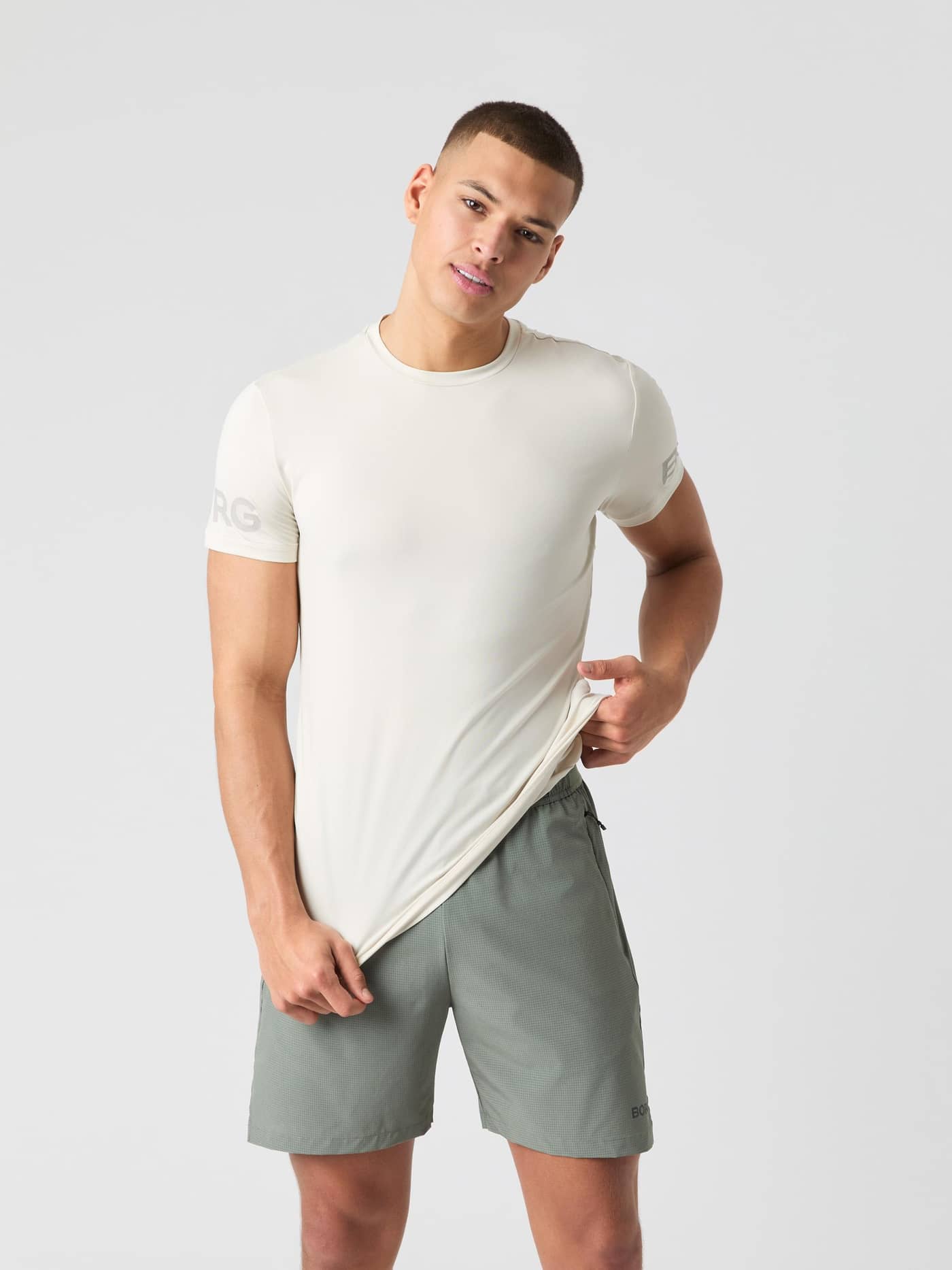 Front view of a male model wearing the Björn Borg Borg T-shirt in Birch. - Image 1