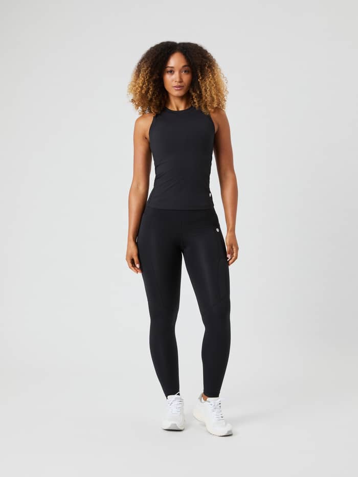 Full body front view of a model wearing the black Ace Pocket Ribbed Tank Top. - Image 3