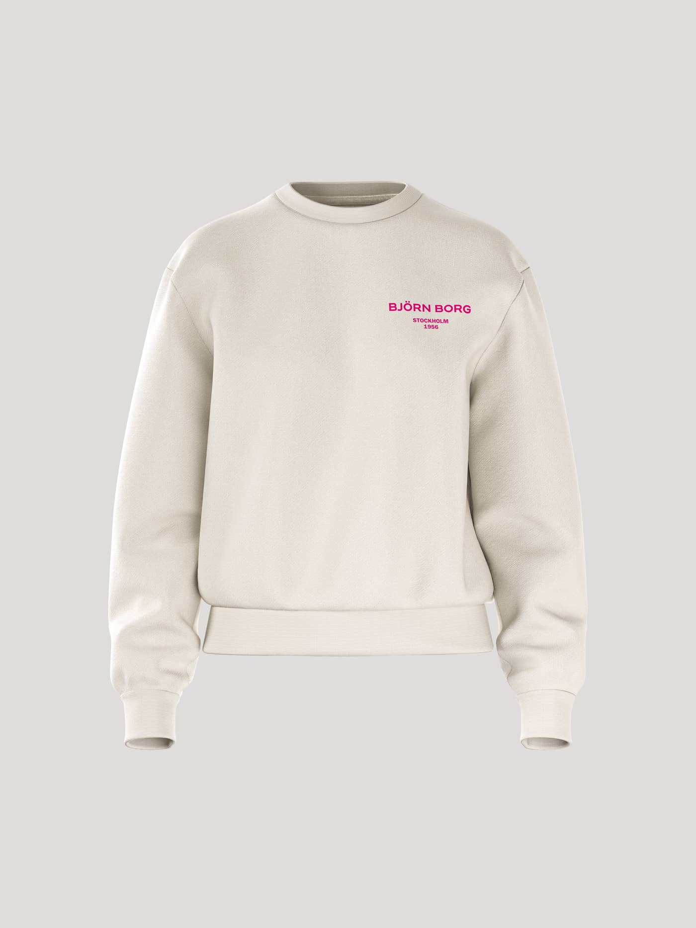 Björn Borg Borg Essential 1 Sweatshirt for women in Tofu, featuring a pink chest logo, front view. - Image 1
