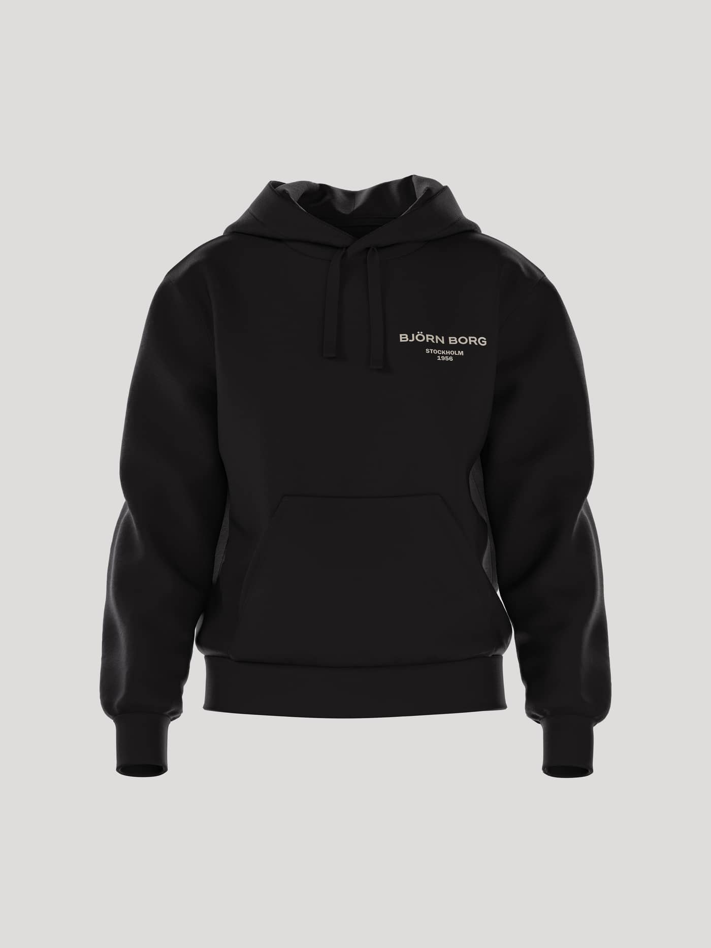 Front view of the black Borg Essential 1 Hoodie, showcasing its kangaroo pocket and hood with drawstrings. - Image 1