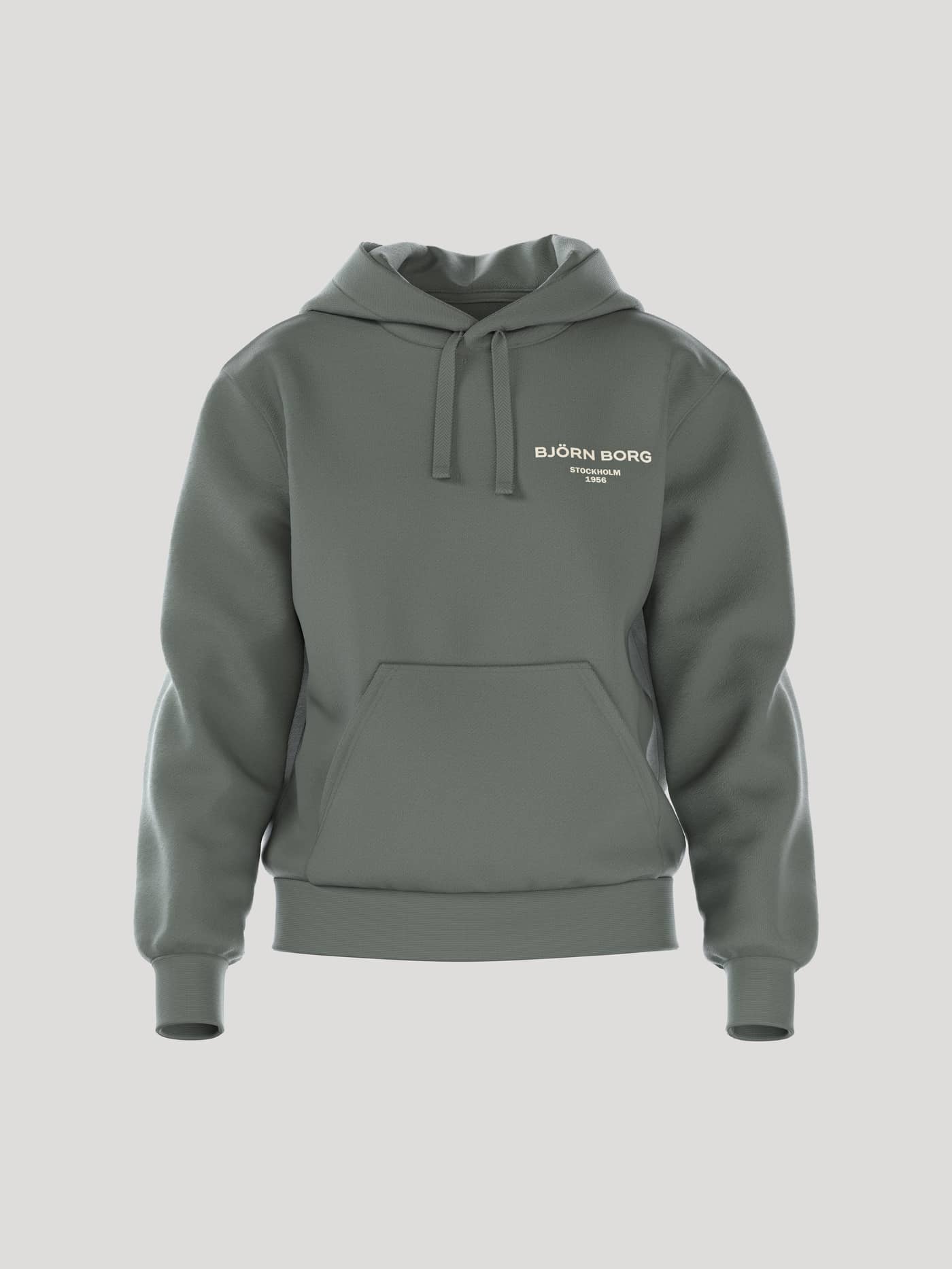Front view of the women's Borg Essential 1 Hoodie in Agave Green (Green), featuring a loose fit and white chest logo. - Image 1