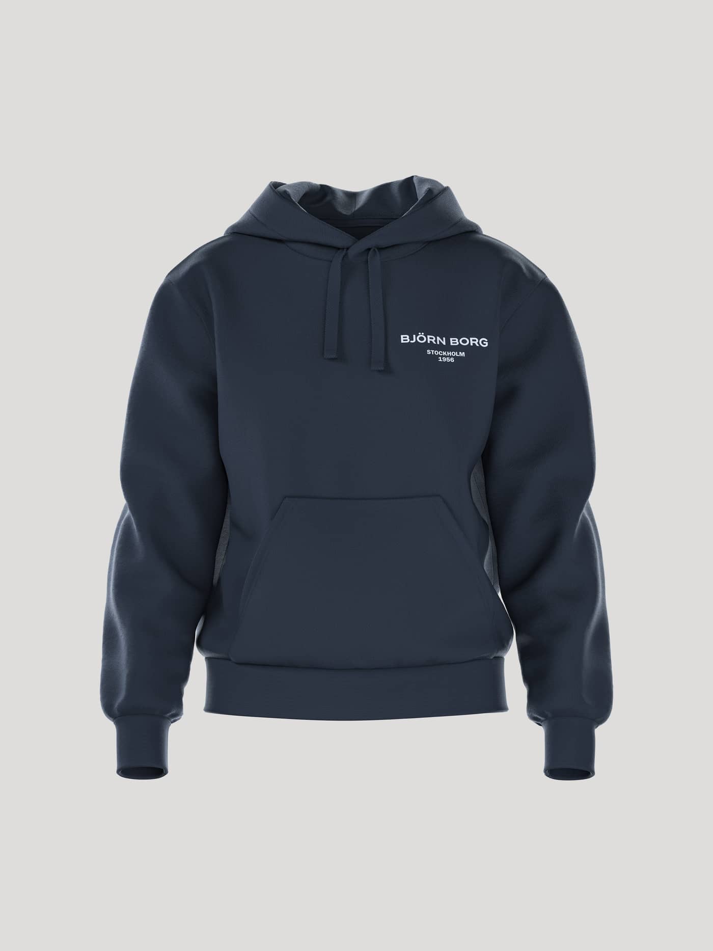 Front view of the women's Borg Essential 1 Hoodie in a navy blue colour against a light grey background. - Image 1