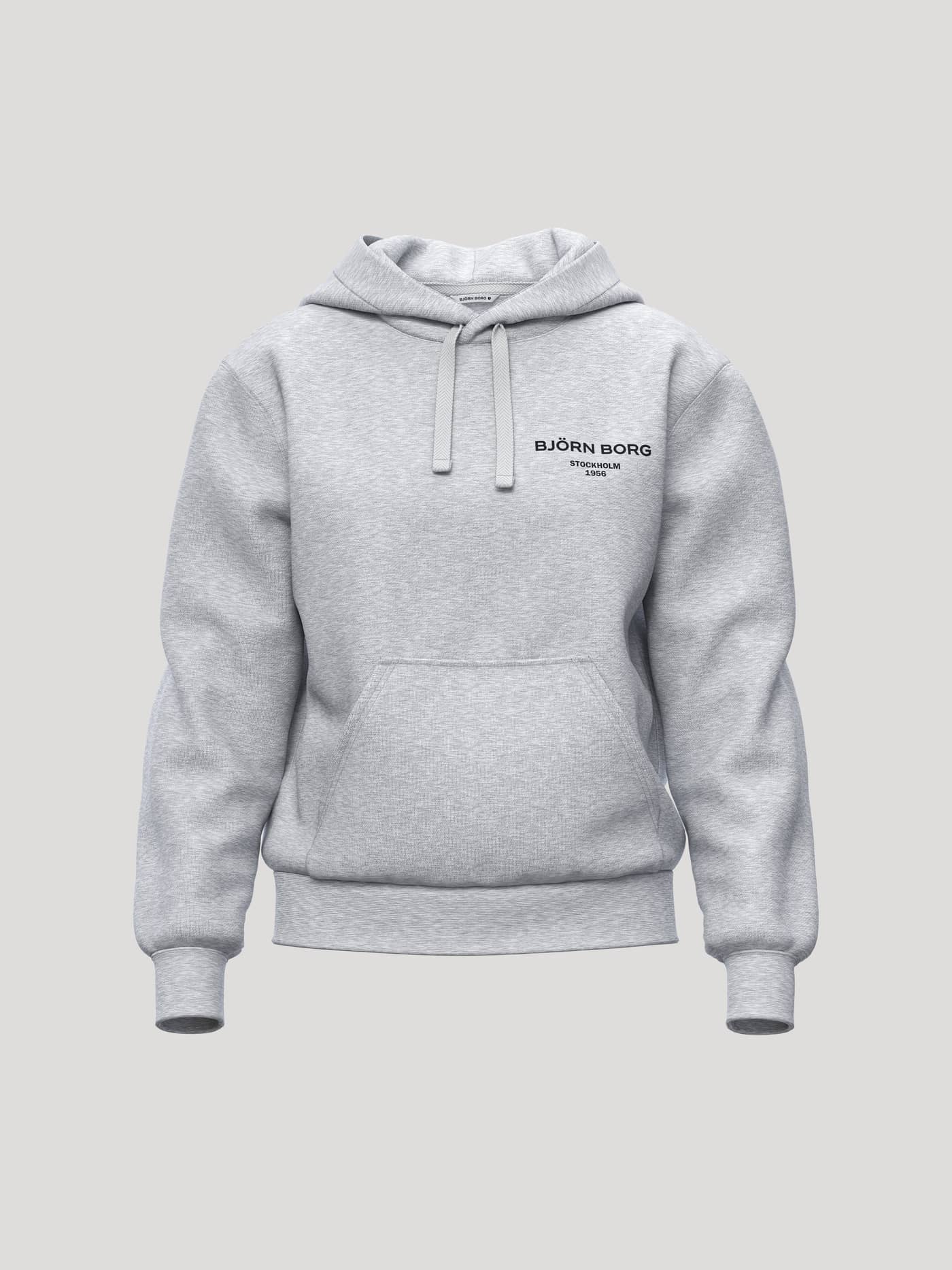 Borg Essential 1 Hoodie in Light Grey Melange (Grijs), een losvallende fleece hoodie met kangoeroezak en zwart logo. - Image 1