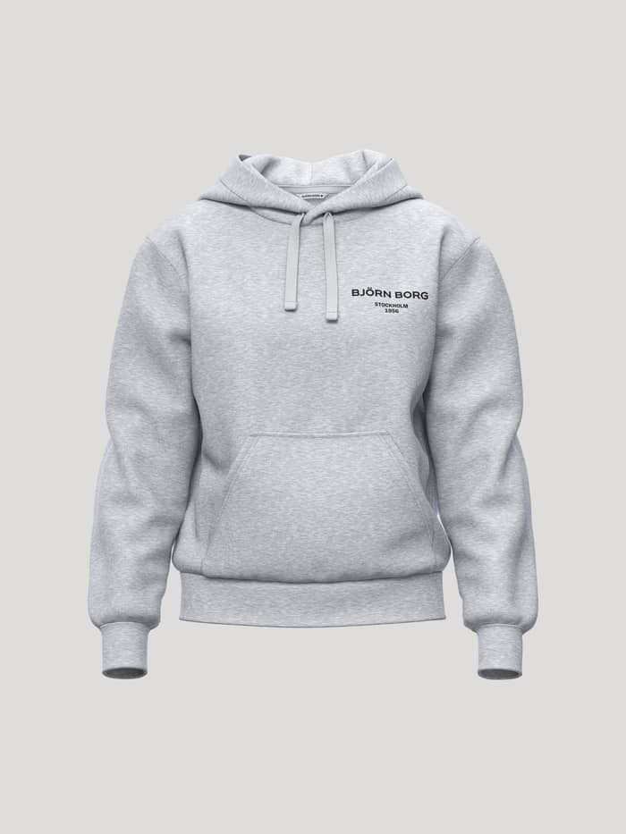 Borg Essential 1 Hoodie in Light Grey Melange (Grijs), een losvallende fleece hoodie met kangoeroezak en zwart logo.