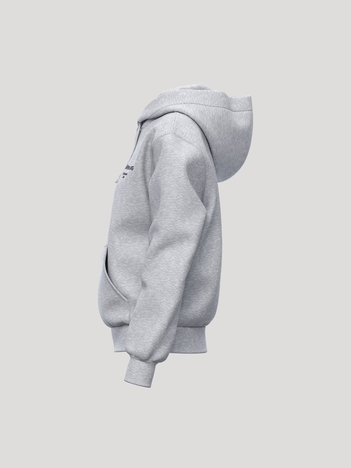 Side view of the Borg Essential 1 Hoodie in Light Grey Melange (Grey) with a black chest logo and a loose fit. - Image 3