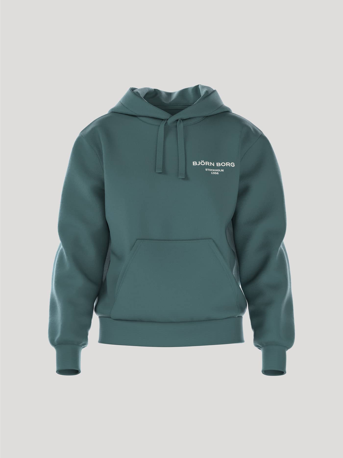 Front view of the Björn Borg Essential 1 Hoodie for women in Sea Pine, featuring a loose fit and a front kangaroo pocket. - Image 1