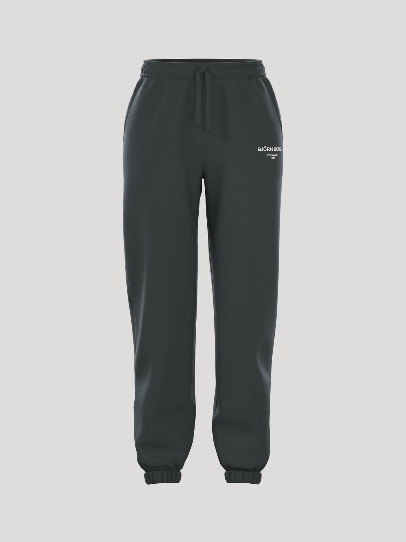 Front view of the Borg Essential 1 Sweatpants in Urban Chic (Green), featuring a loose fit and white logo on cotton fleece. - Image 1