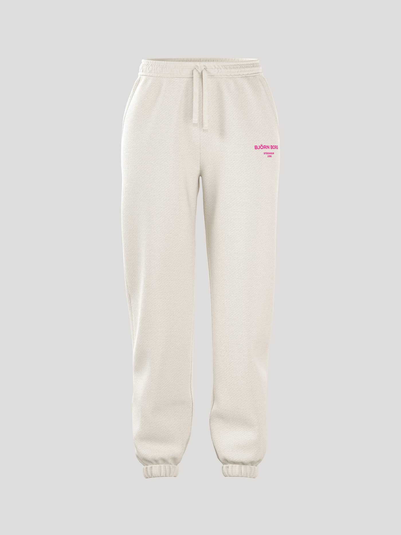 Borg Essential 1 Sweatpants voor dames in Tofu (Wit) met een roze logo en losse pasvorm, getoond in vooraanzicht. - Image 1
