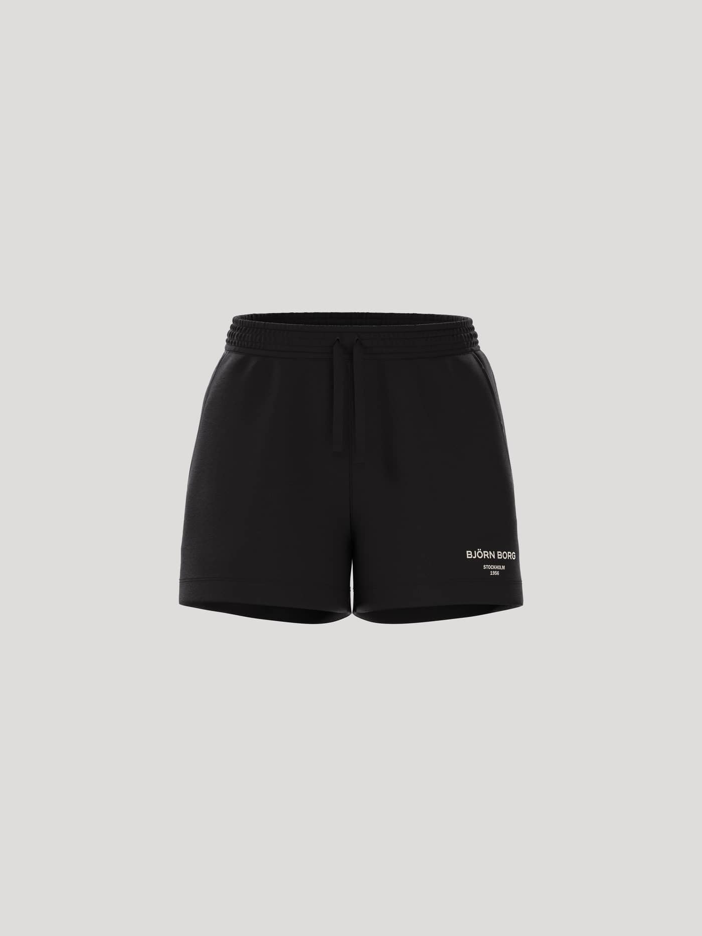 Vooraanzicht van de Borg Essential 1 Sweatshorts in Black Beauty (Zwart) met een losse pasvorm, zachte fleece en wit logo. - Image 1