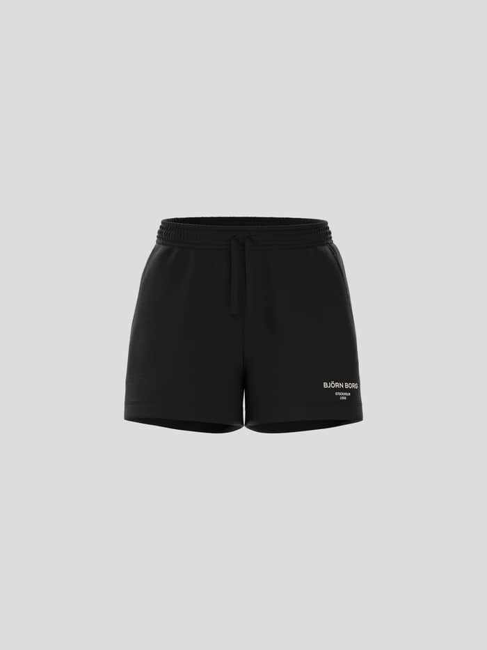 Front view of the Borg Essential 1 Sweatshorts in Black Beauty (Black), with a loose fit, soft fleece, and white logo.