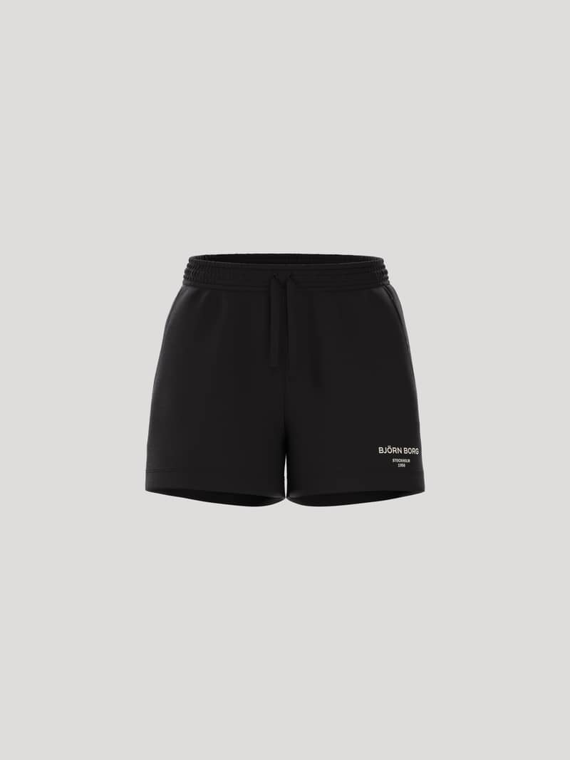 Borg Essential 1 Sweatshorts i Black Beauty (Svart) sett forfra, med løs passform, myk fleece og hvit logo.