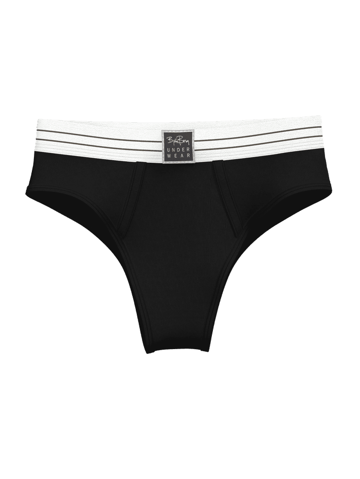 Vue de face de l'Original Highwaist Briefs 2-pack noir en coton biologique avec taille haute et ceinture blanche à logo. - Image 3