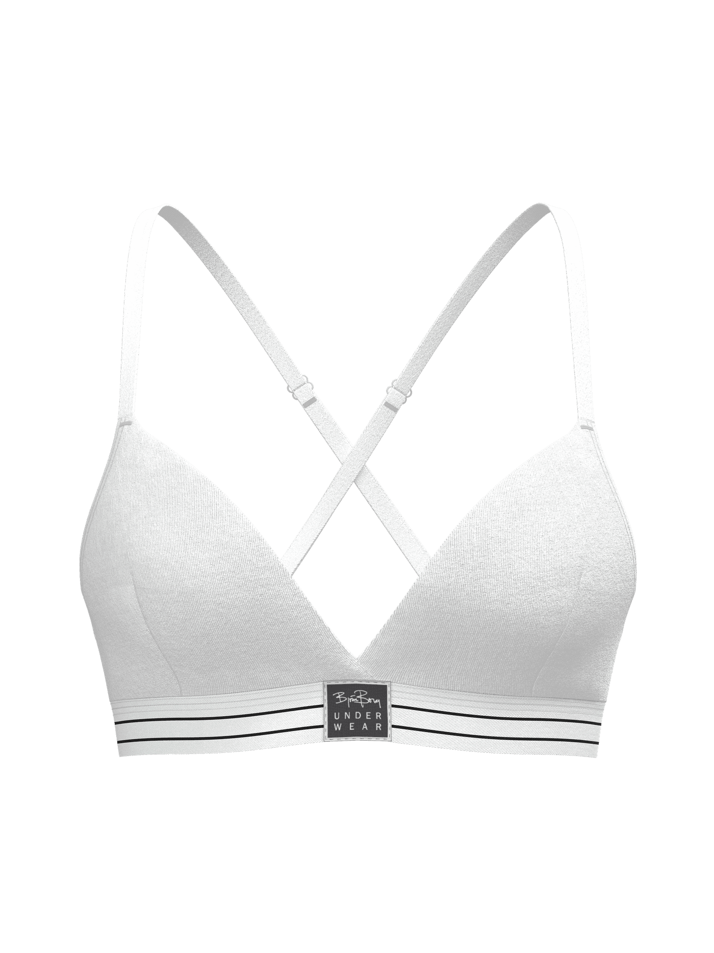 Front view of the white Björn Borg Original Triangle Bra in organic cotton, with crossover straps for a stylish fit. - Image 2