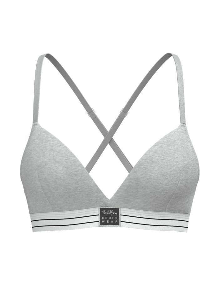 Front view of the grey Björn Borg Original Triangle Bra featuring organic cotton, crossover straps, and a white logo. - Image 2