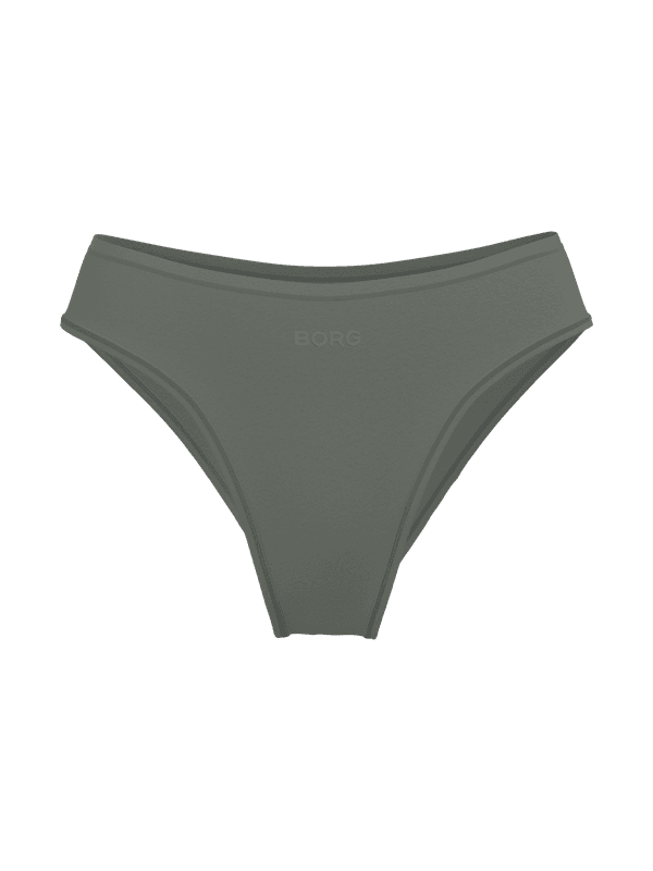 Gröna Soft Touch Cheeky Briefs sedda framifrån i mjuk TENCEL™ Lyocell med medelhög midja och ton-i-ton-logotyp.