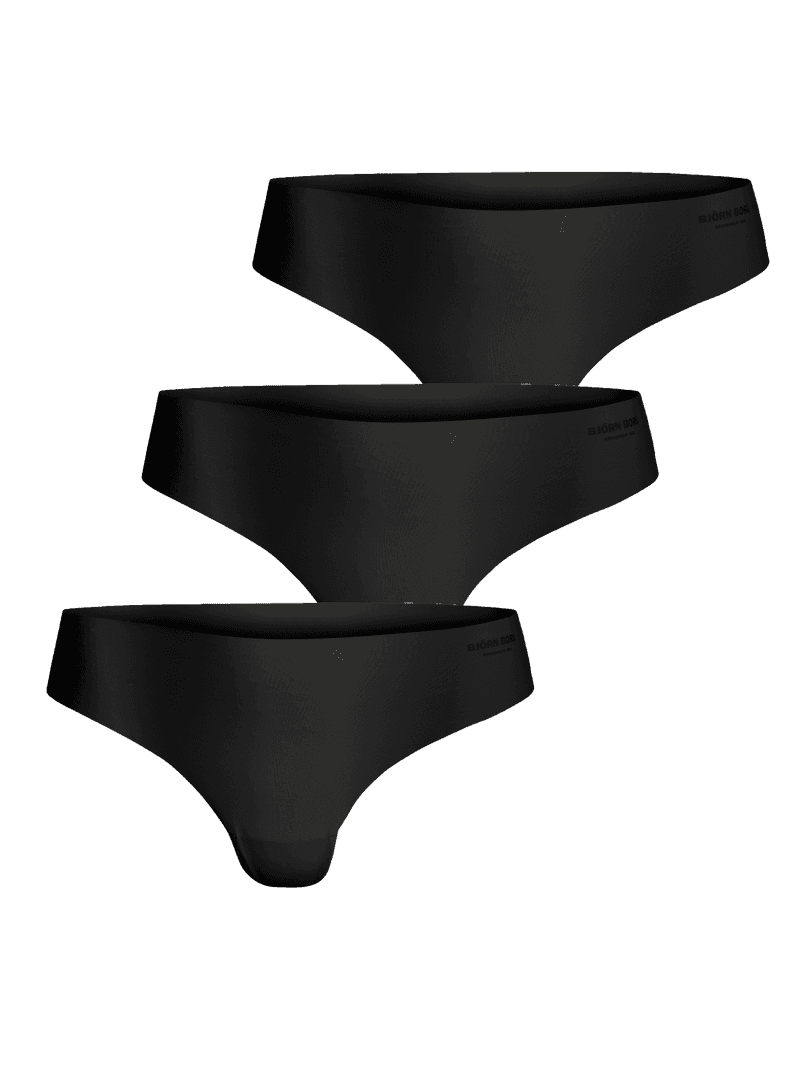Björn Borg Invisible Thongs 3-pack in black microfibre, featuring a seamless design and laser-cut edges for a smooth fit.