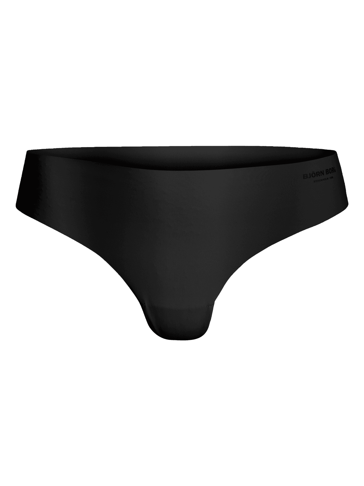 Vooraanzicht van de zwarte Invisible Thongs 3-pack met lasergesneden randen, zwart logo en gladde microvezel pasvorm. - Image 2