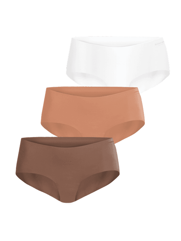 Björn Borg Invisible Hipsters 3-pack for women in brown, pink, and white, featuring a seamless fit and laser-cut edges.
