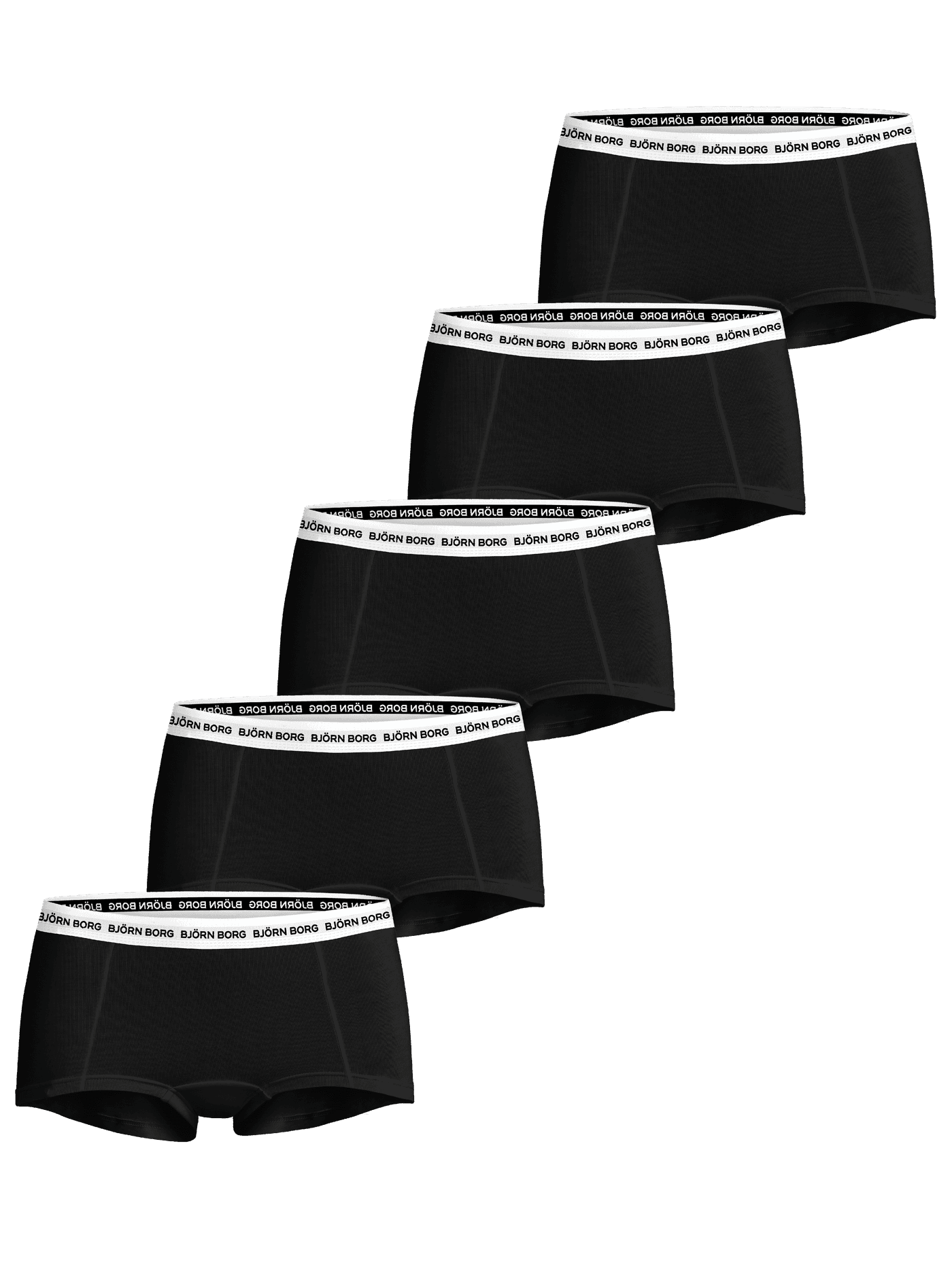 Five black Logo Boxer Shorts 5-pack in soft cotton stretch for women, featuring white branded elastic waistbands. - Image 1