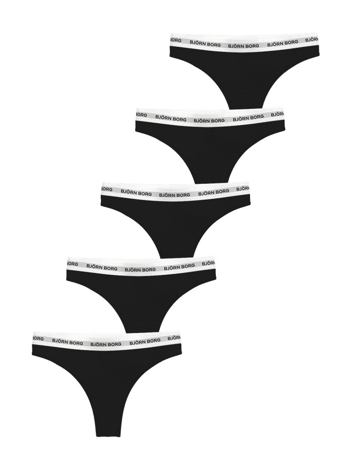 Logo Thongs 5-pack i svart för kvinnor i mjuk bomullsstretch med vita logoelastiska midjeband.