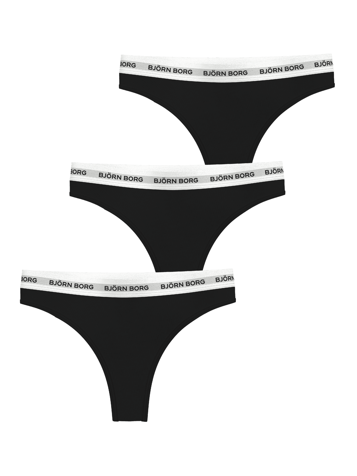 Zwarte Logo Thongs 3-pack voor dames van zacht katoenstretch met witte elastische taillebanden met zwart logo. - Image 2