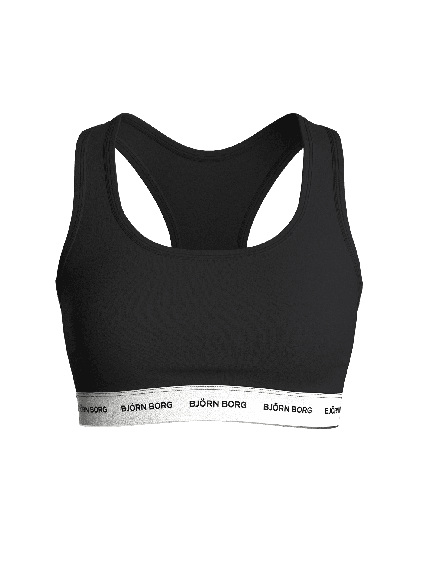 Front view of the women's racerback Logo Soft Top in Black with soft cotton stretch and black logos on white elastic. - Image 3