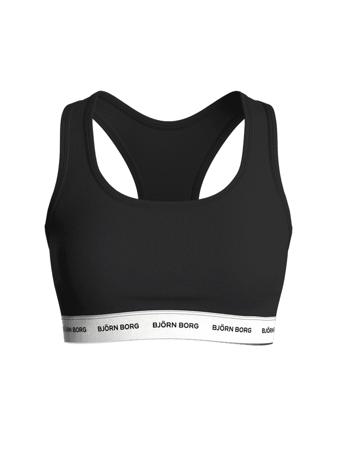 Vorderansicht des Logo Soft Top in Schwarz mit Racerback, Baumwoll-Stretch und schwarzen Logos auf weißem Gummiband. - Image 3