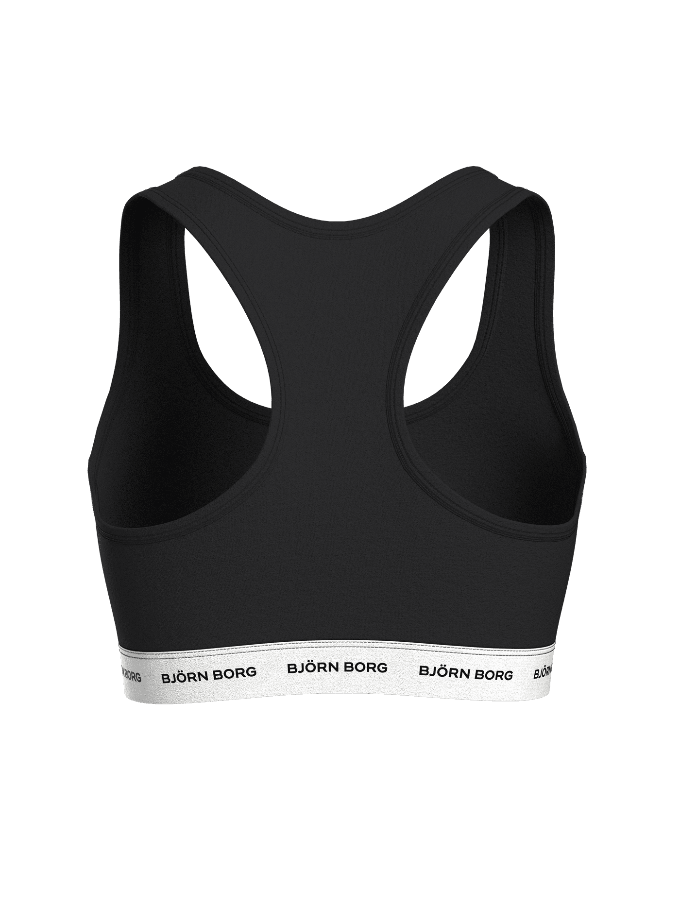 Back view of the black Björn Borg Logo Soft Top in cotton stretch with a racerback and white elastic with black logos. - Image 4