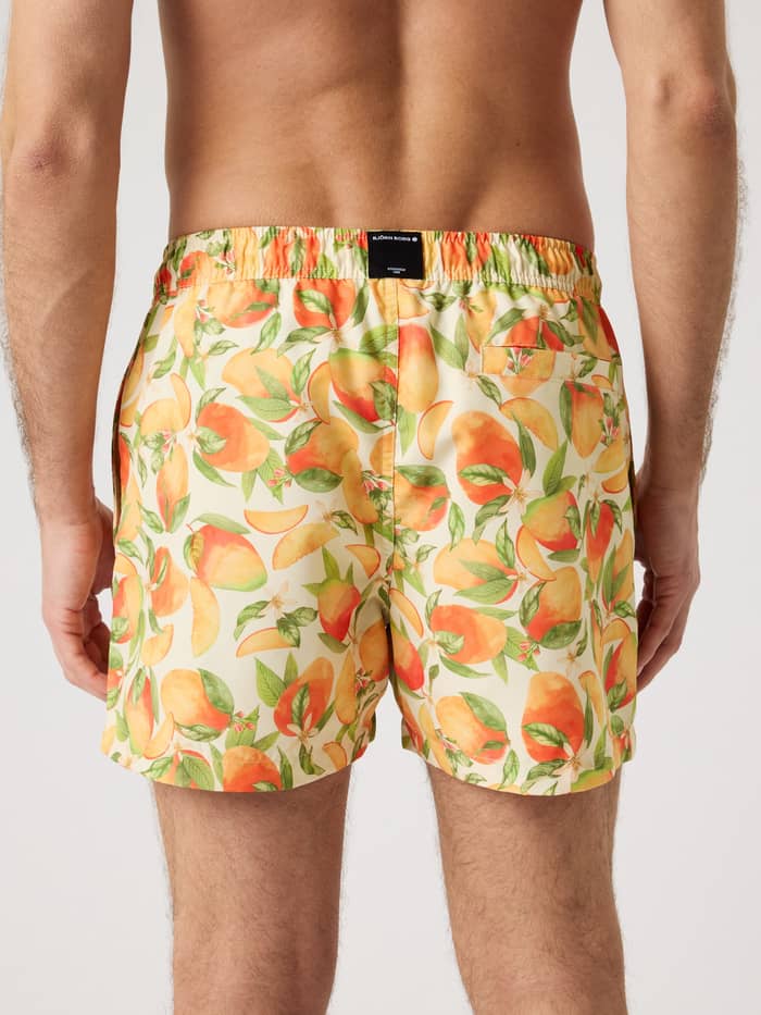 Borg Print Swim Shorts in Summer Peach 1 (groen, oranje, geel) in achteraanzicht met perzikpatroon en zwarte logopatch. - Image 2
