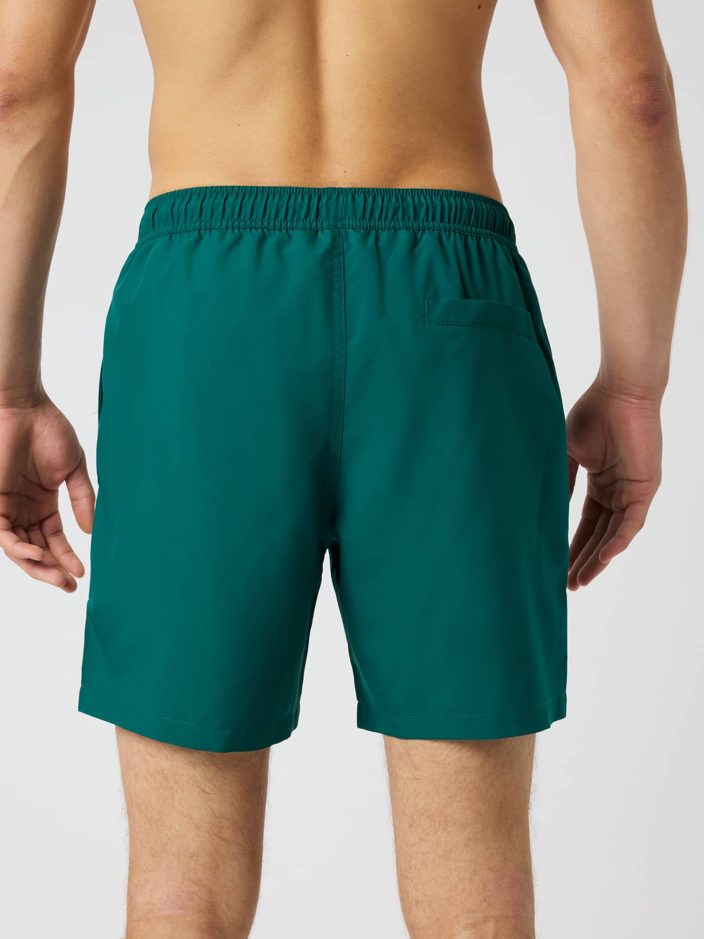 Back view of a model wearing the Borg Swim Shorts in Rain Forest (Green), featuring an elastic waistband and a back pocket. - Image 2