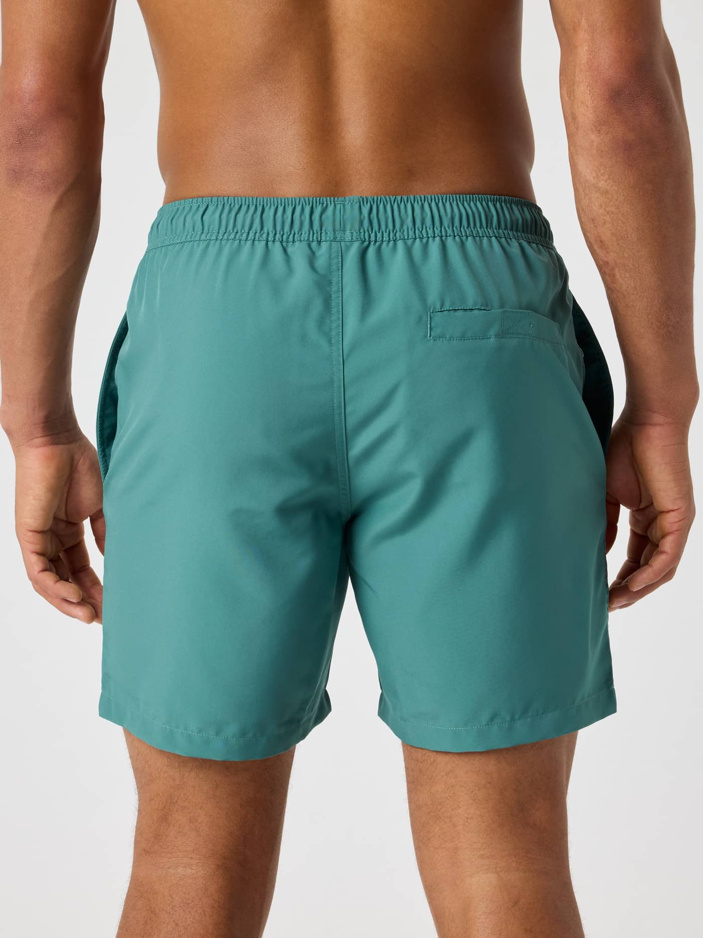 Vue de dos du Borg Swim Shorts en Blue Spruce (Vert) avec taille élastique et poche arrière pour homme. - Image 2