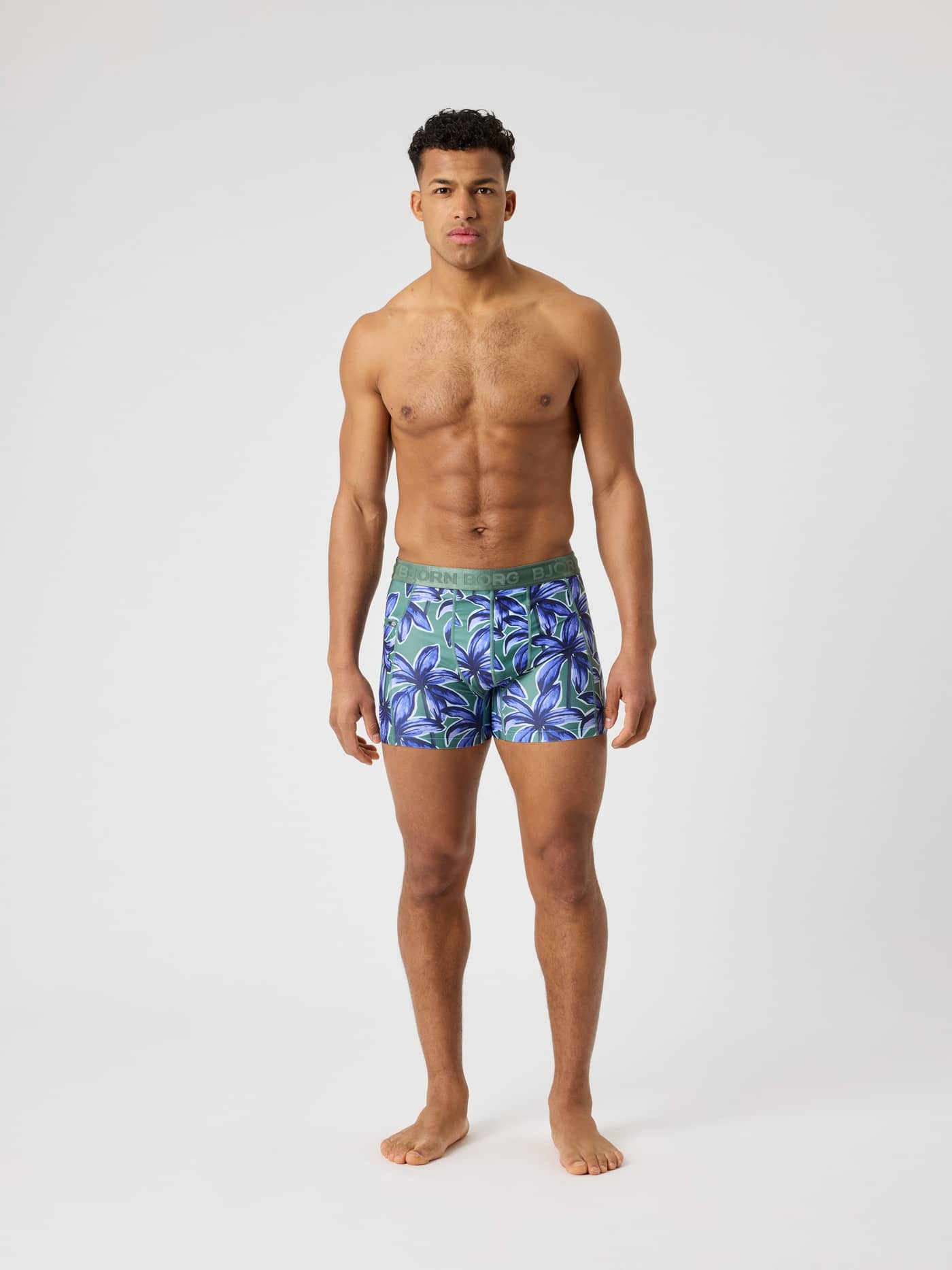 Borg Stretch Swim Shorts in Palms On Palms 1 (Blauw/Groen) met een palmenprint en logo-tailleband in vooraanzicht. - Image 3