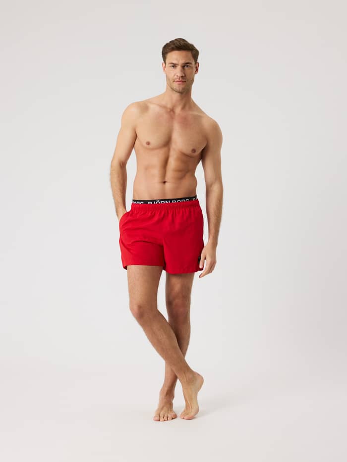 Borg Elastic Swim Shorts in Pompeian Red (Rood) met een elastische logotailleband, getoond in vooraanzicht. - Image 3
