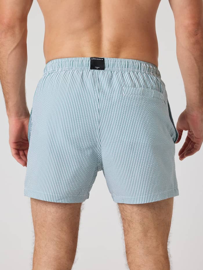 Gestreepte Borg Seersucker Swim Shorts in Searstripe 5 (Blauw) in achteraanzicht met een zwart logolabel. - Image 2