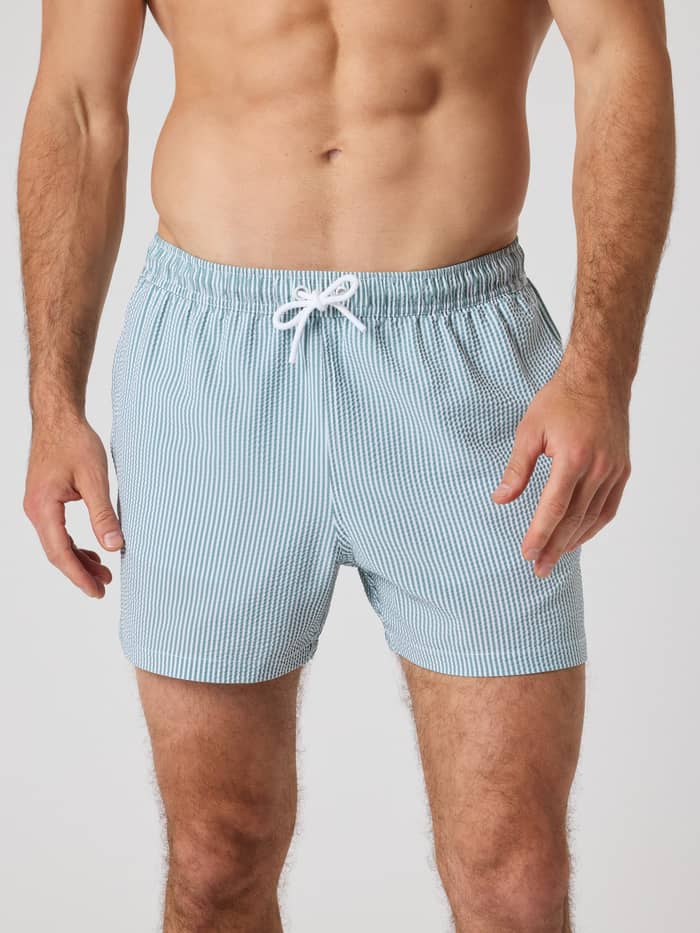 Front view of a man wearing the striped Borg Seersucker Swim Shorts in Searstripe 5 (Blue) with a stylish loose fit.