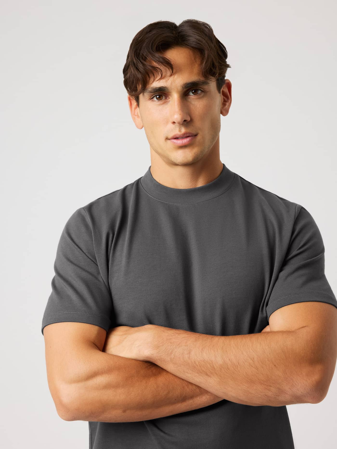Front view of the Björn Borg Centre High Neck T-Shirt in Asphalt (Grey) featuring a mock neck and oversized fit. - Image 5