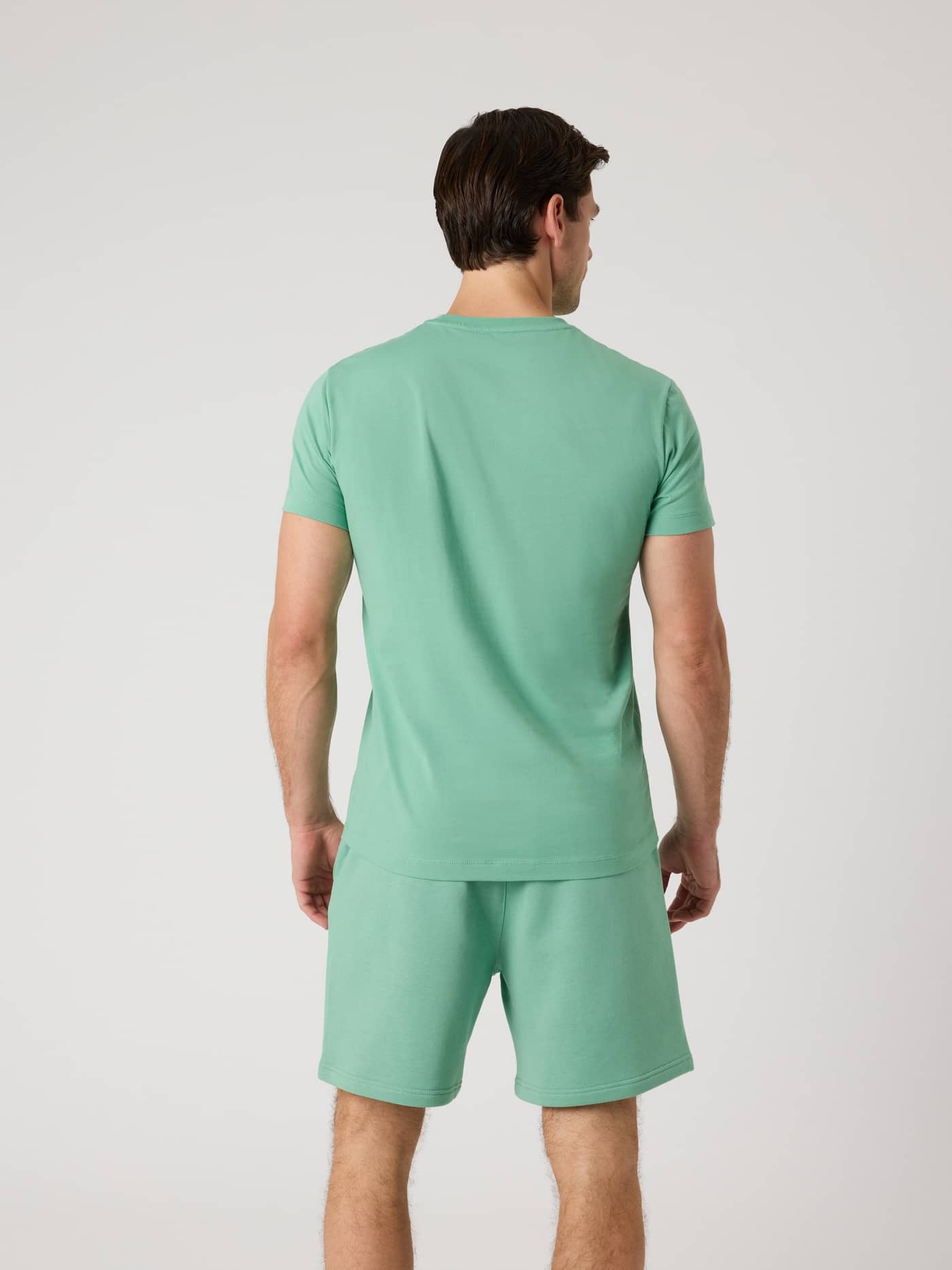 Back view of a man wearing the oversized Björn Borg Centre High Neck T-Shirt in Malachite Green (Green). - Image 2