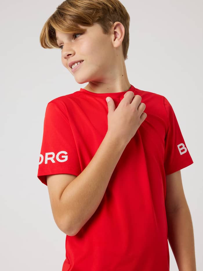Borg T-Shirt til børn i Flame Scarlet (Rød) til træning med hvide logoprint på de korte ærmer. - Image 4