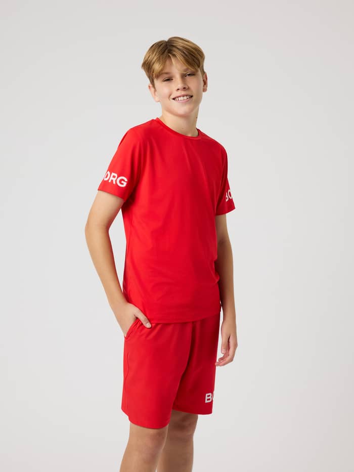 Borg T-Shirt in Flame Scarlet (Red) for kids training, featuring a regular fit and white logo prints on the sleeves.