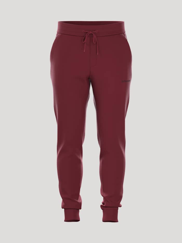 Front view of the Borg Essential 3 Sweatpants in Pomegranate (Red) in soft cotton fleece with a black logo print.