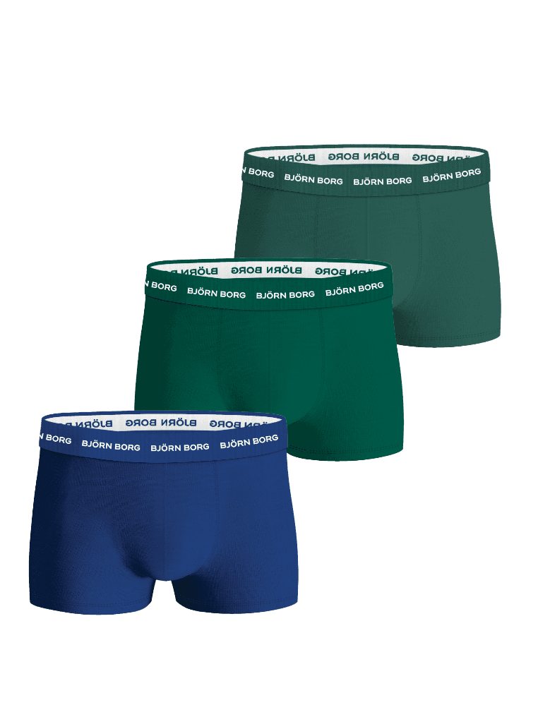 Front view of the Cotton Stretch Trunks 3-pack in blue and green, featuring a soft logo microfibre waistband. - Image 1