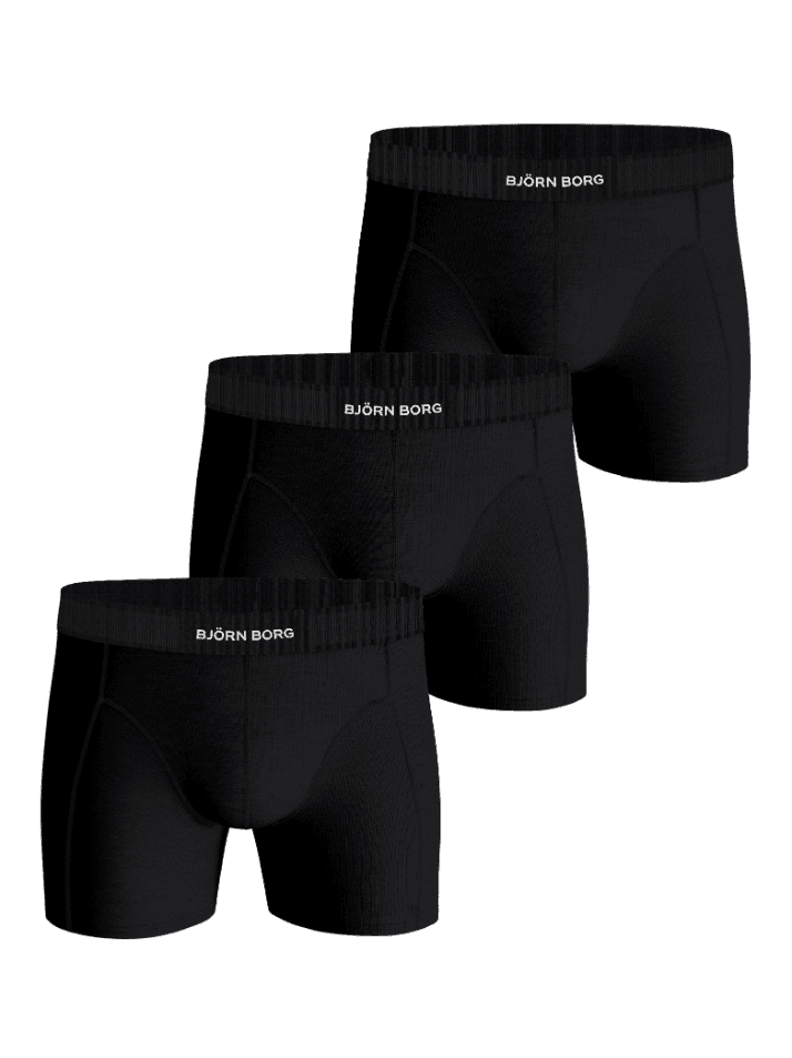 Organic Cotton Stretch Boxers 3-pack in Black, featuring three soft boxer briefs with a white logo elastic waistband. - Image 1